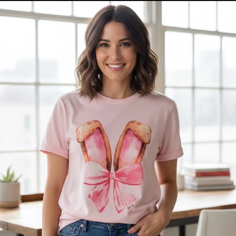 Pink Graphic Tee with Bunny ears and Bows